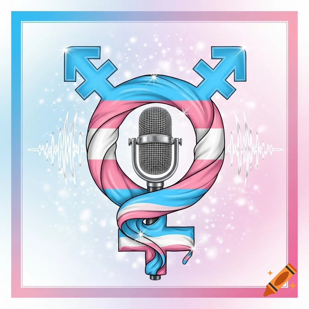 A stylized transgender symbol, colored with the trans flag stripes (pink, blue, white), with a silver microphone inside its circular part. White sound waves emanate from the microphone against a sparkling gradient background.