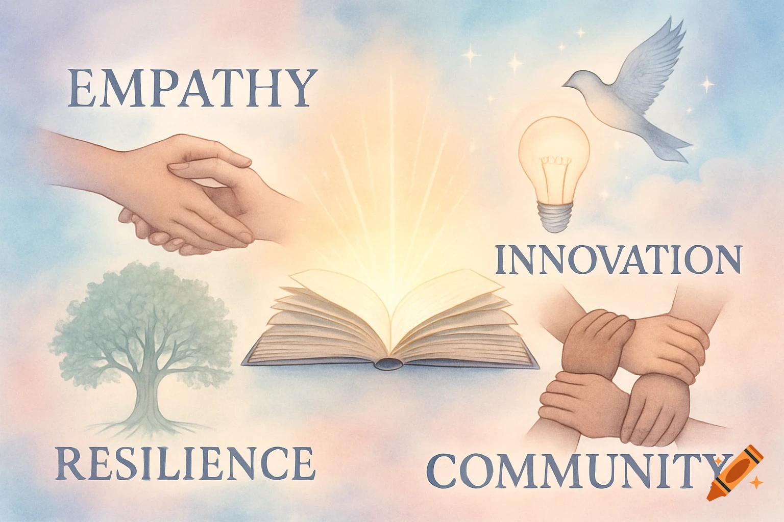 Watercolor vision board illustration with symbols and text for Empathy, Innovation, Resilience, and Community, around an open glowing book.