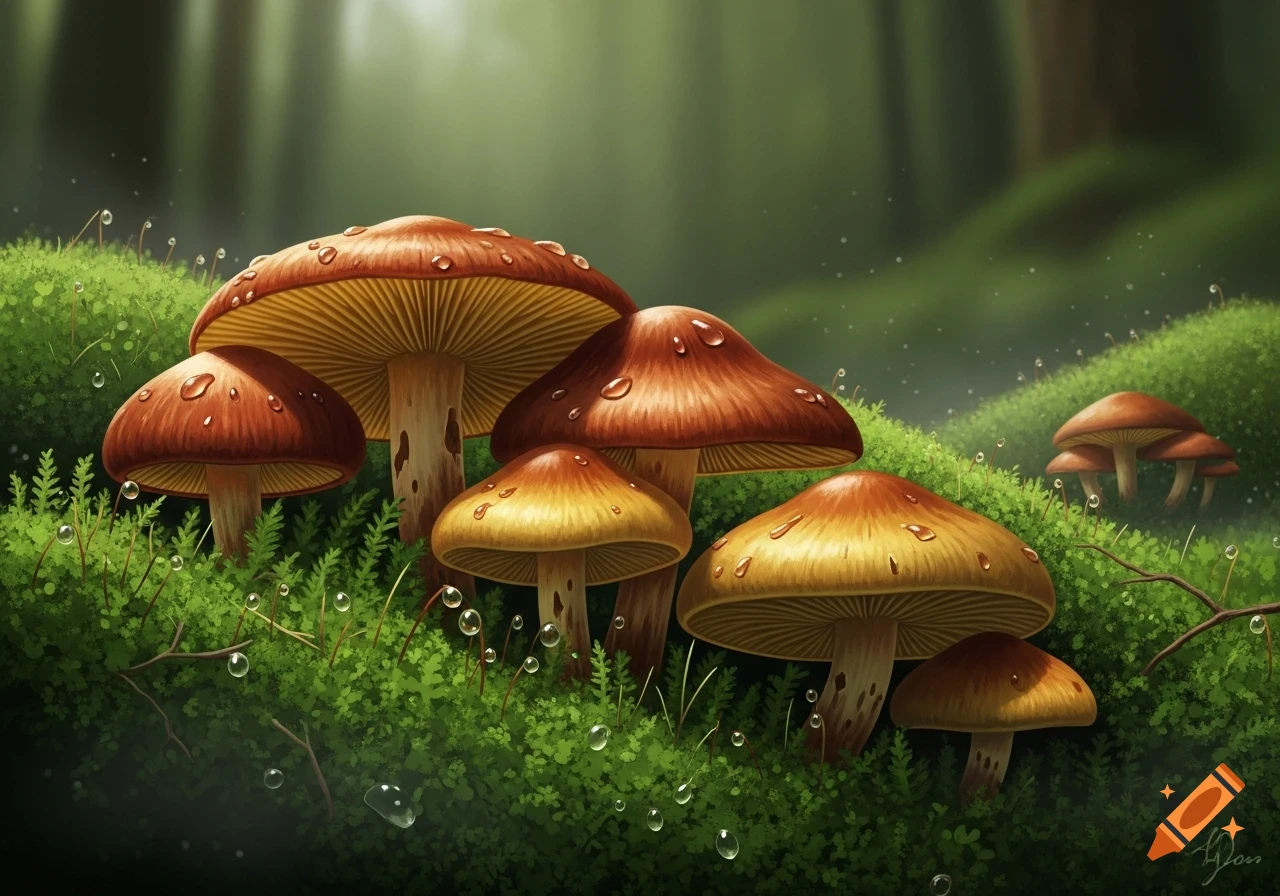 Several red and yellow-capped mushrooms with water droplets on vibrant green moss in a dark forest.
