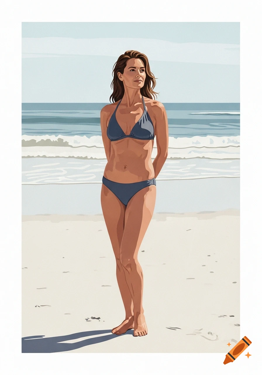 An illustration of a woman in a blue bikini standing on a sandy beach with the ocean behind her.