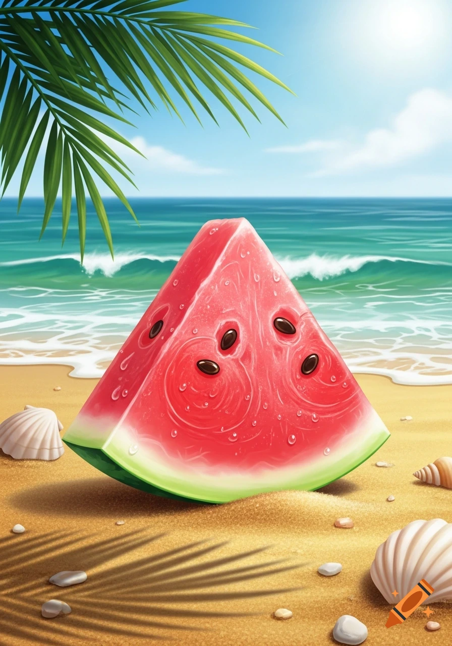 A vibrant slice of watermelon with water droplets sits on a sandy beach with seashells, a palm frond, and the ocean under a blue sky.