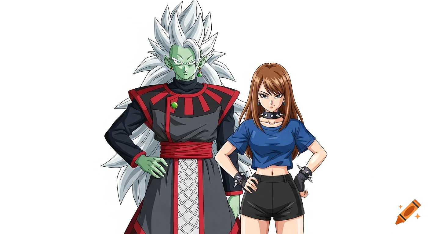 Anime fanart of Zamasu with white hair and a brown-haired female character in a blue crop top and shorts.
