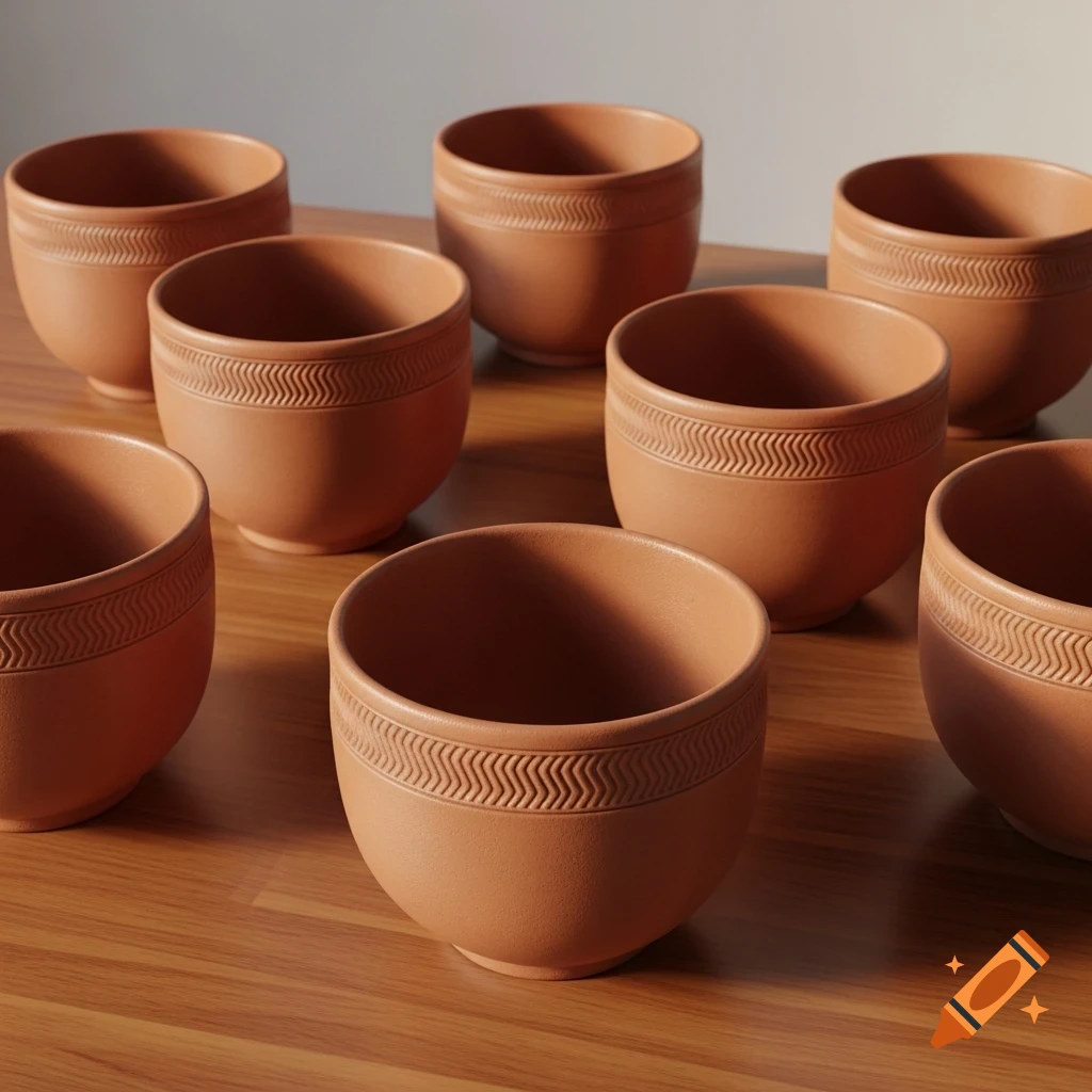 Several identical clay cups with patterned bands sit on a wooden table.
