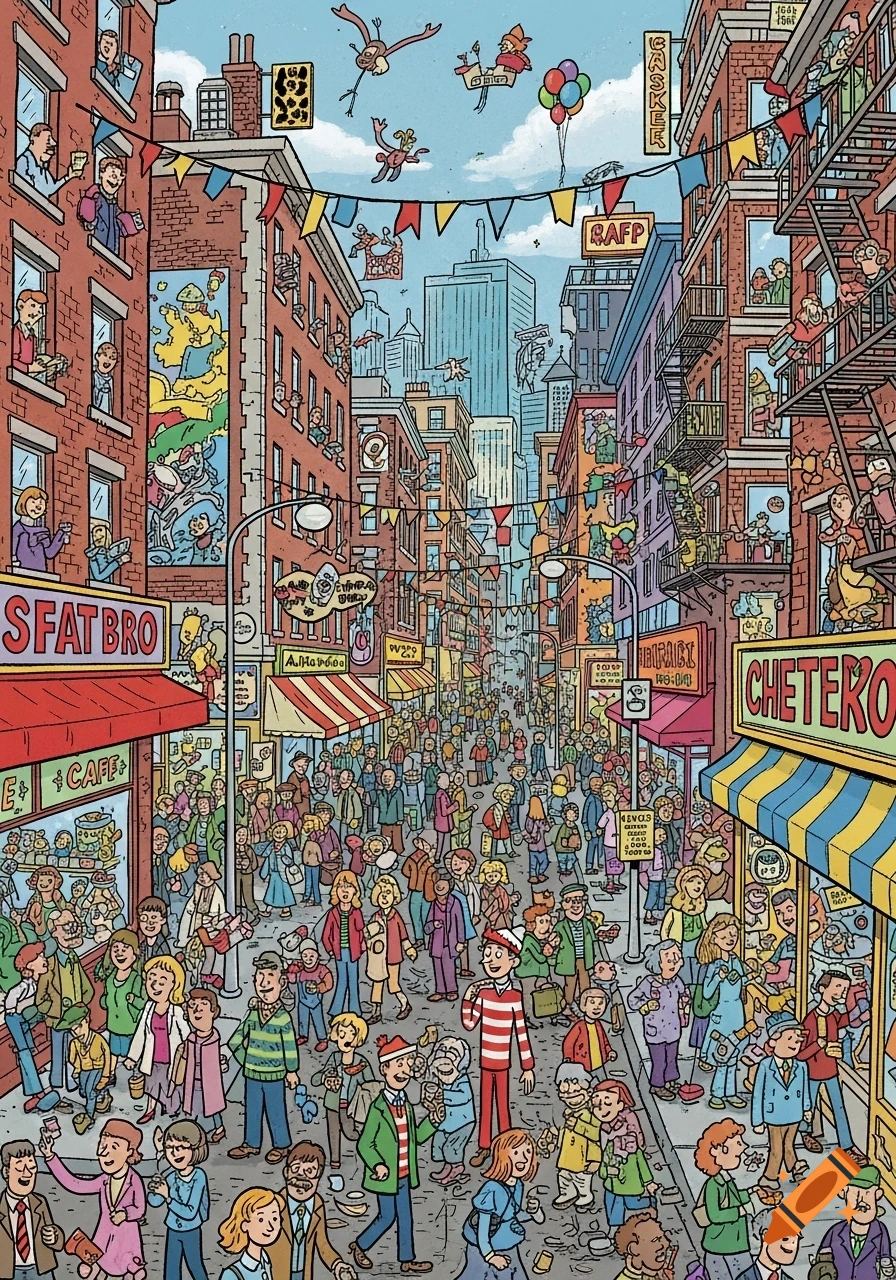 A busy, detailed cartoon illustration of a crowded city street scene with numerous people, buildings, and storefronts, in the style of Where's Waldo, with Waldo himself prominent in the center.