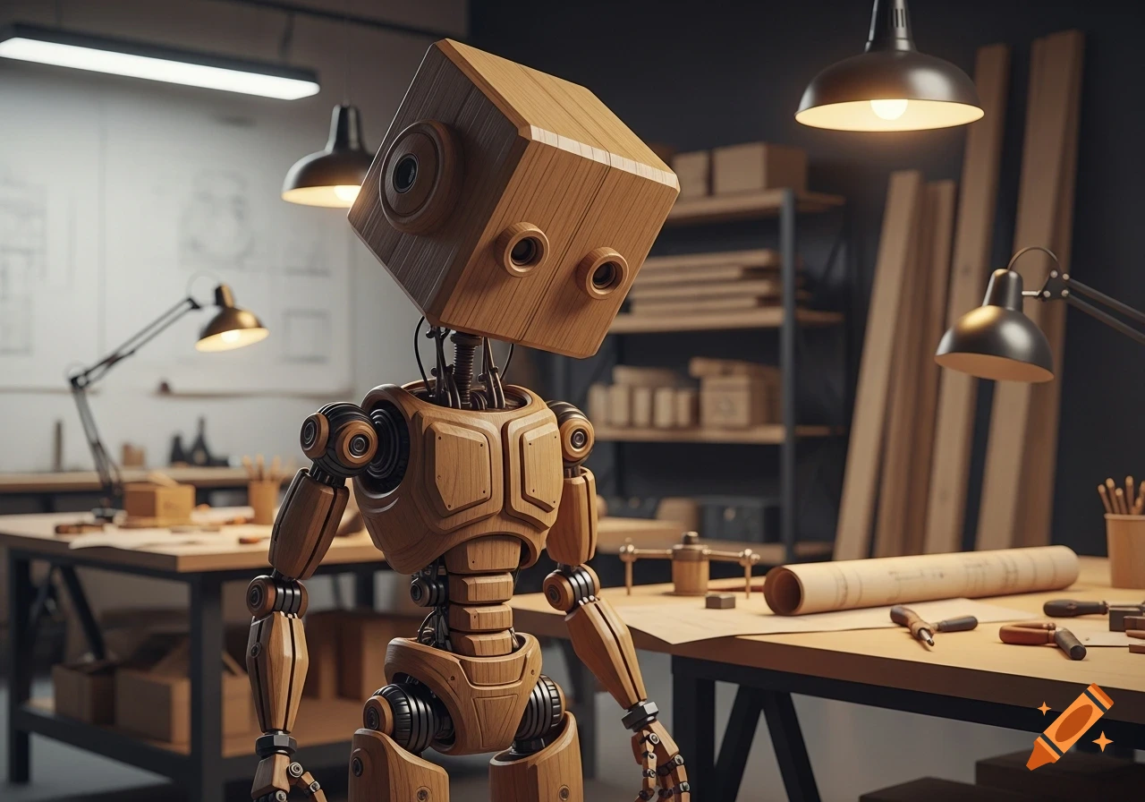 A wooden robot with a large cube-shaped head stands in a sunlit workshop filled with tools and lumber.