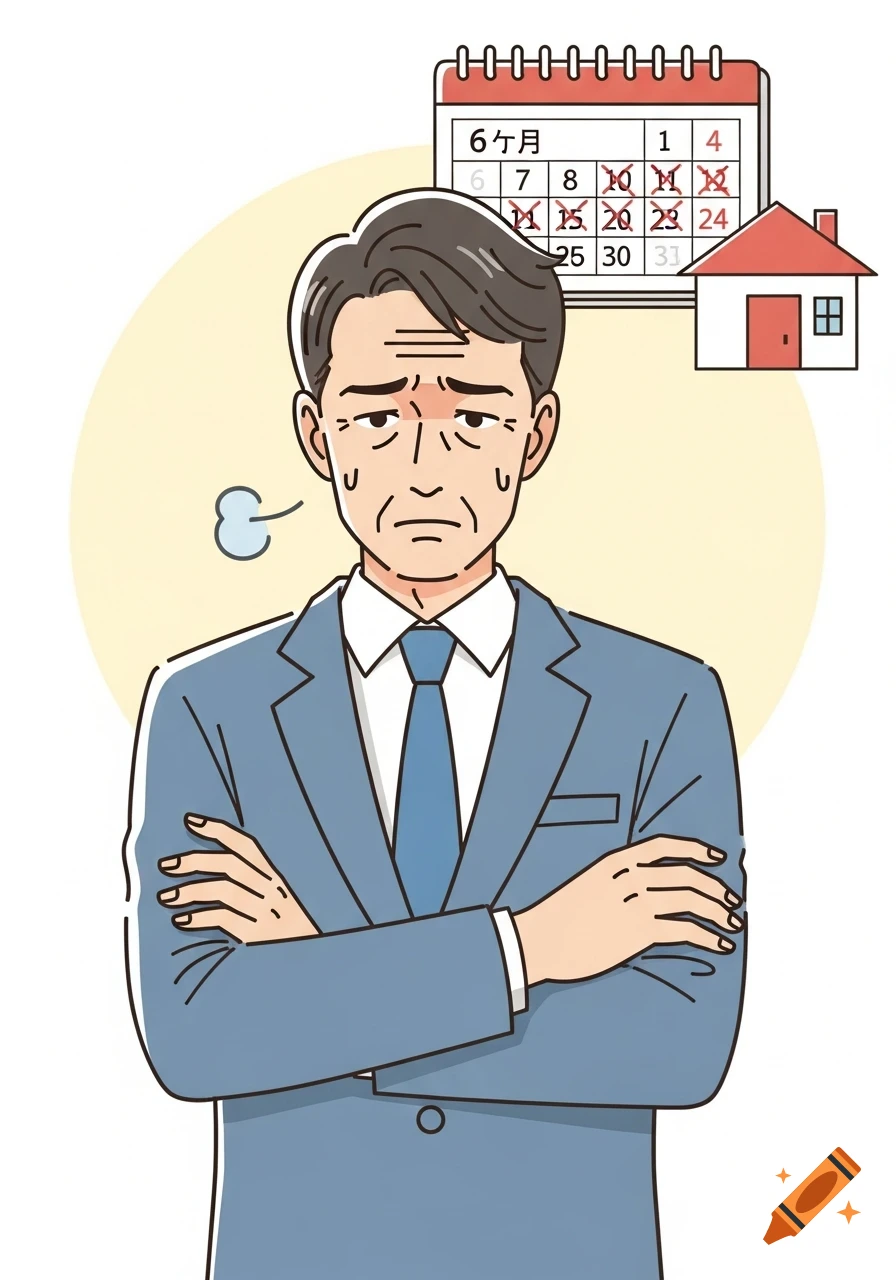 Worried Japanese businessman in a blue suit with crossed arms, calendar with crossed-out days and a house icon, manga style illustration.