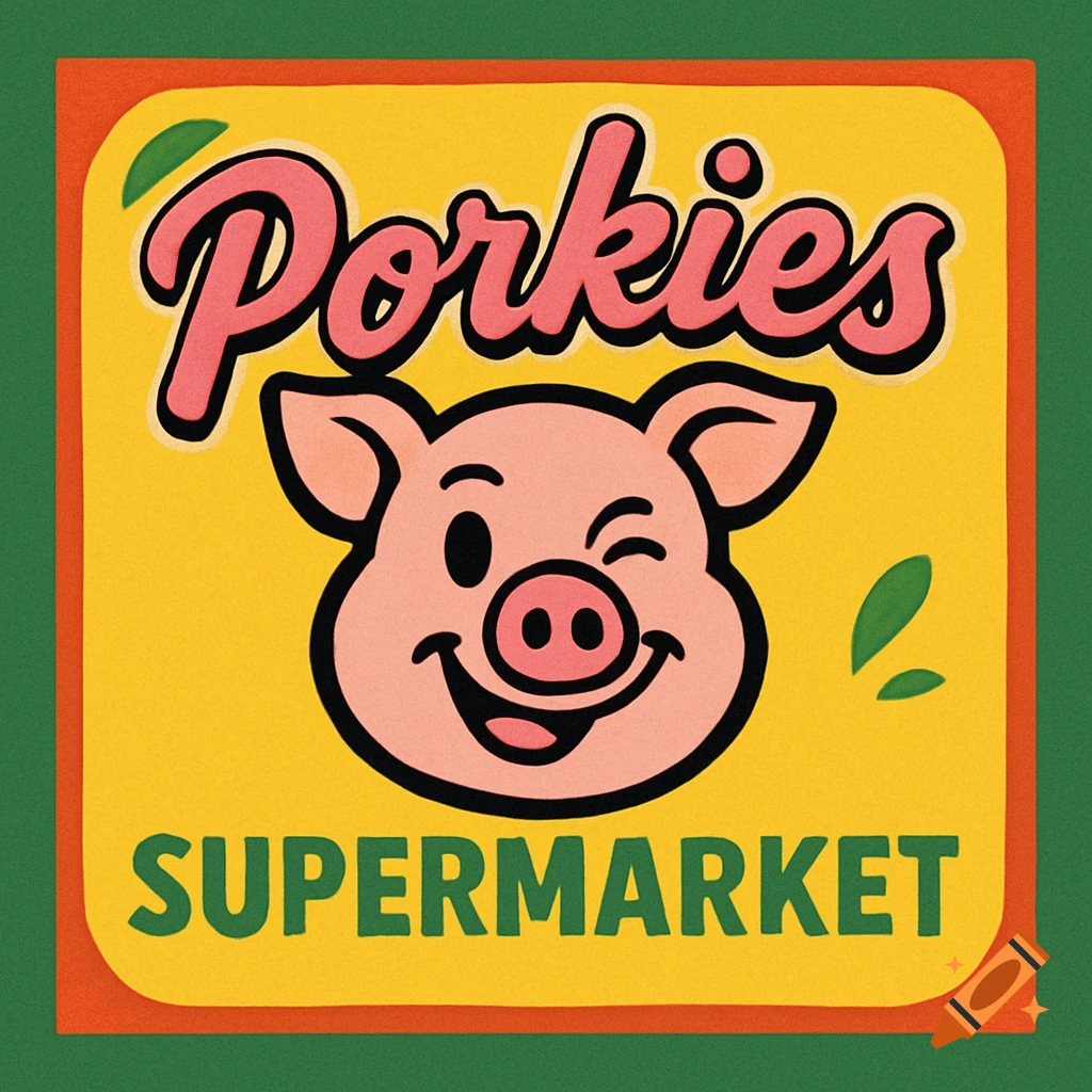 A colorful vintage-style logo for 'Porkies SUPERMARKET' features a winking cartoon pig against a yellow background.