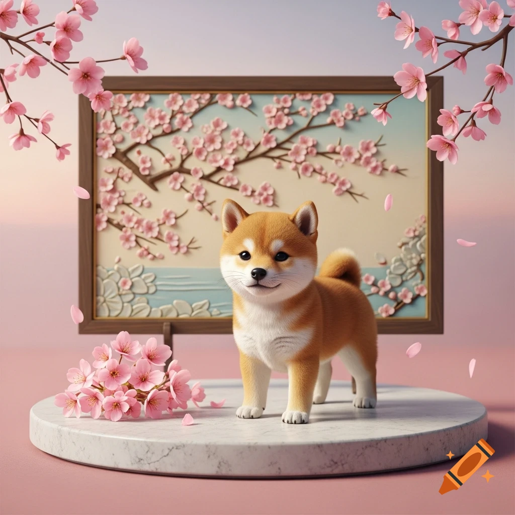 A cute Shiba Inu puppy stands on a marble platform beside a bouquet of pink cherry blossoms, with a framed cherry blossom relief in the background.