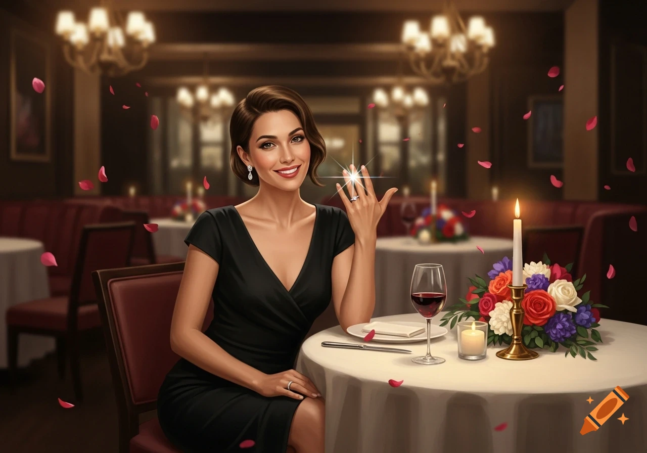 A smiling woman in a black dress sits at a restaurant table, showing off an engagement ring. A bouquet, wine, and candles are on the table, with rose petals in a romantic setting.