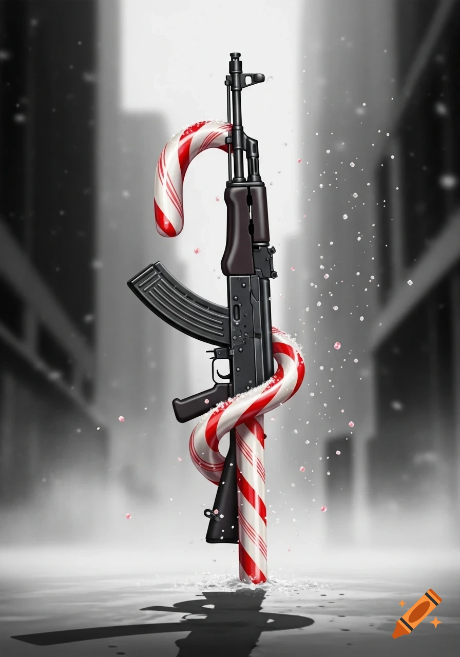 A black AK47 rifle with a red and white candy cane wrapped around it, standing in a snowy, blurred city street.
