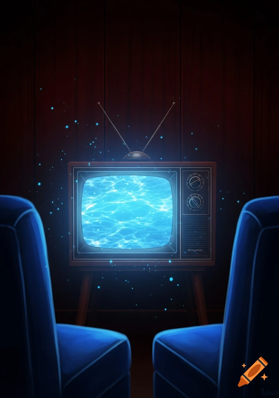 Stylized illustration of a vintage television displaying rippling blue water, with two blue chairs in the dark foreground.