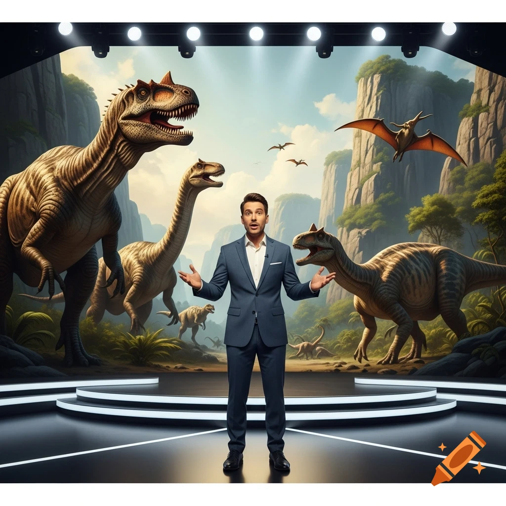 A male presenter on a stage with spotlights, gesturing in front of a giant screen displaying various dinosaurs in a lush prehistoric valley. Photorealistic style.
