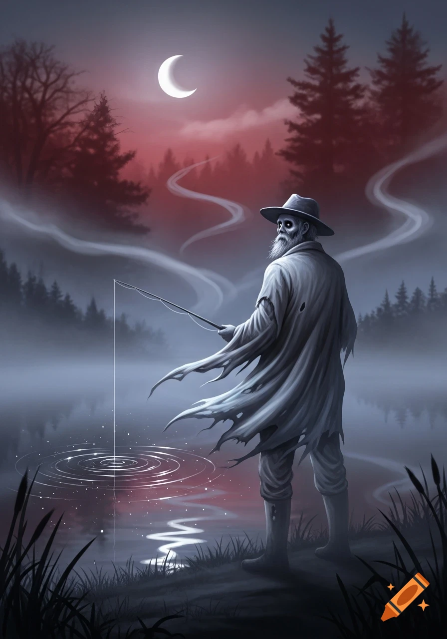 A ghostly fisherman with a long white beard and a wide-brimmed hat stands by a misty lake under a crescent moon, casting a line with ripples forming in the red-tinged water.