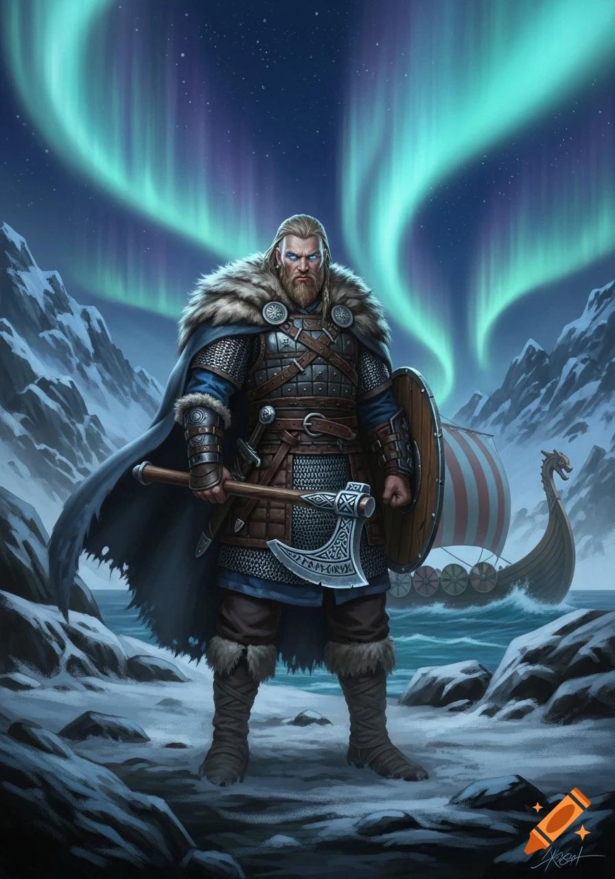 A fierce Viking warrior with a beard and fur cape stands holding an axe and shield in a snowy landscape with a longship and aurora borealis.