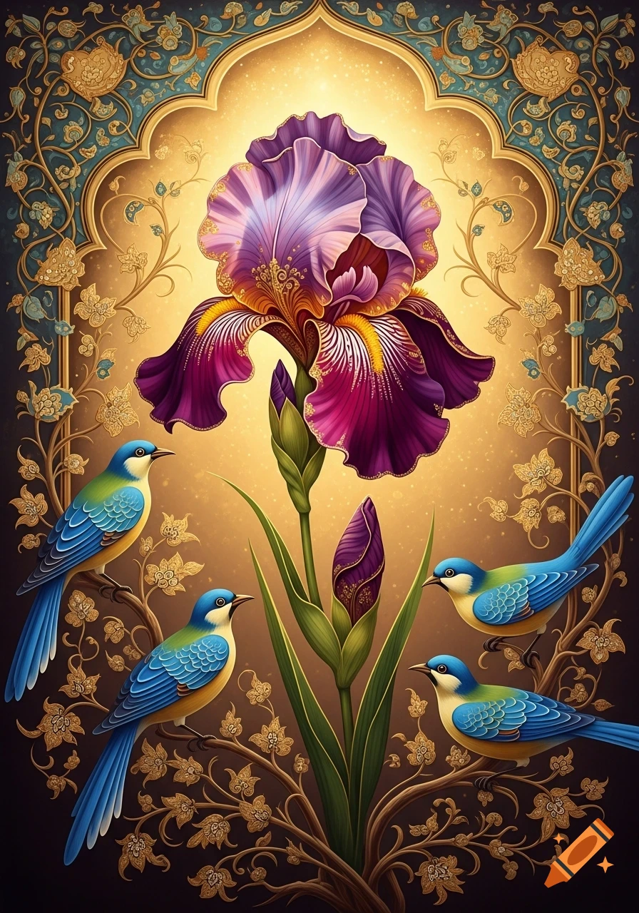 A vibrant purple iris flower with intricate gold detailing, surrounded by small blue birds in a golden, ornate Persian-inspired setting.