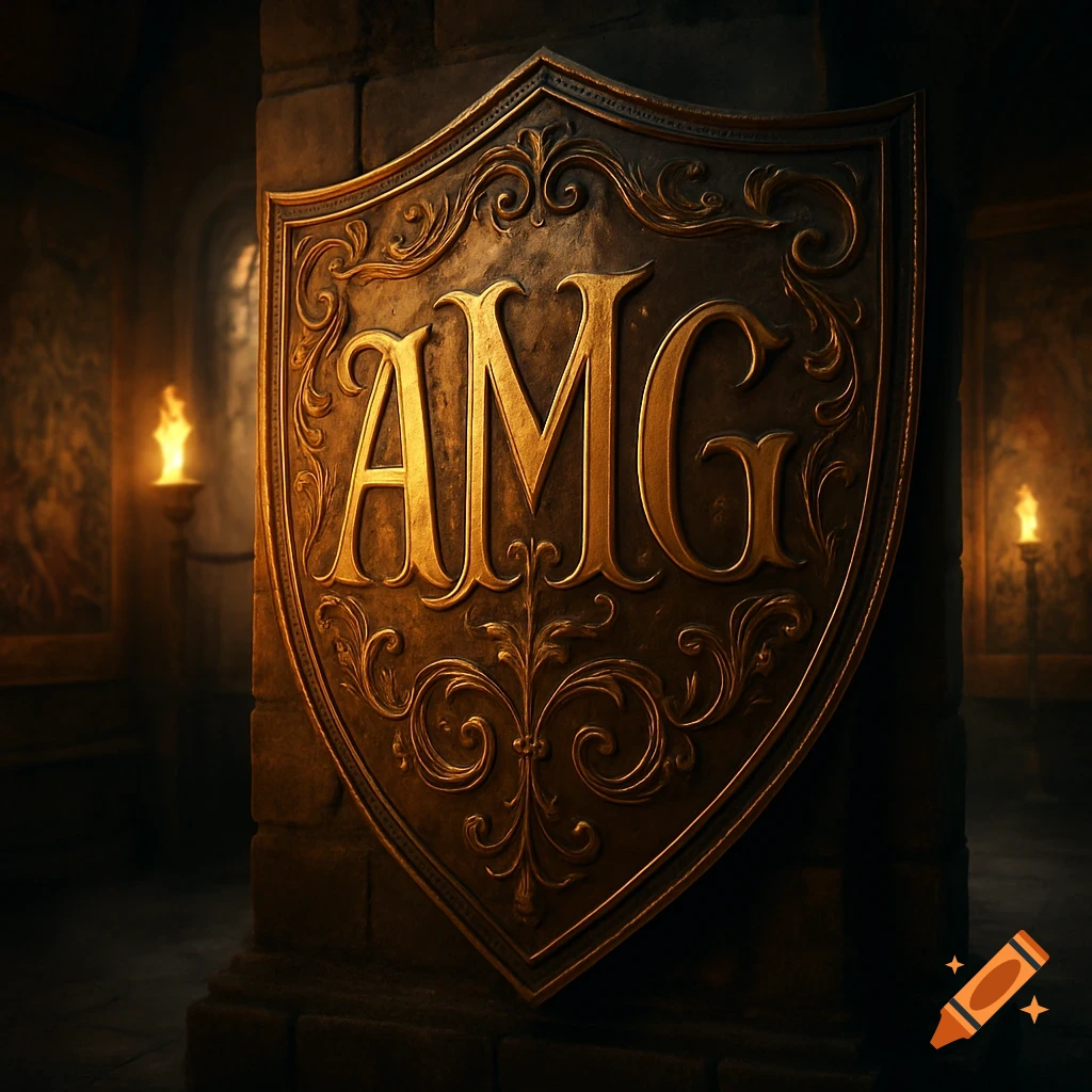 An ornate golden shield with the letters "AMG" in a dark, torch-lit stone hall.