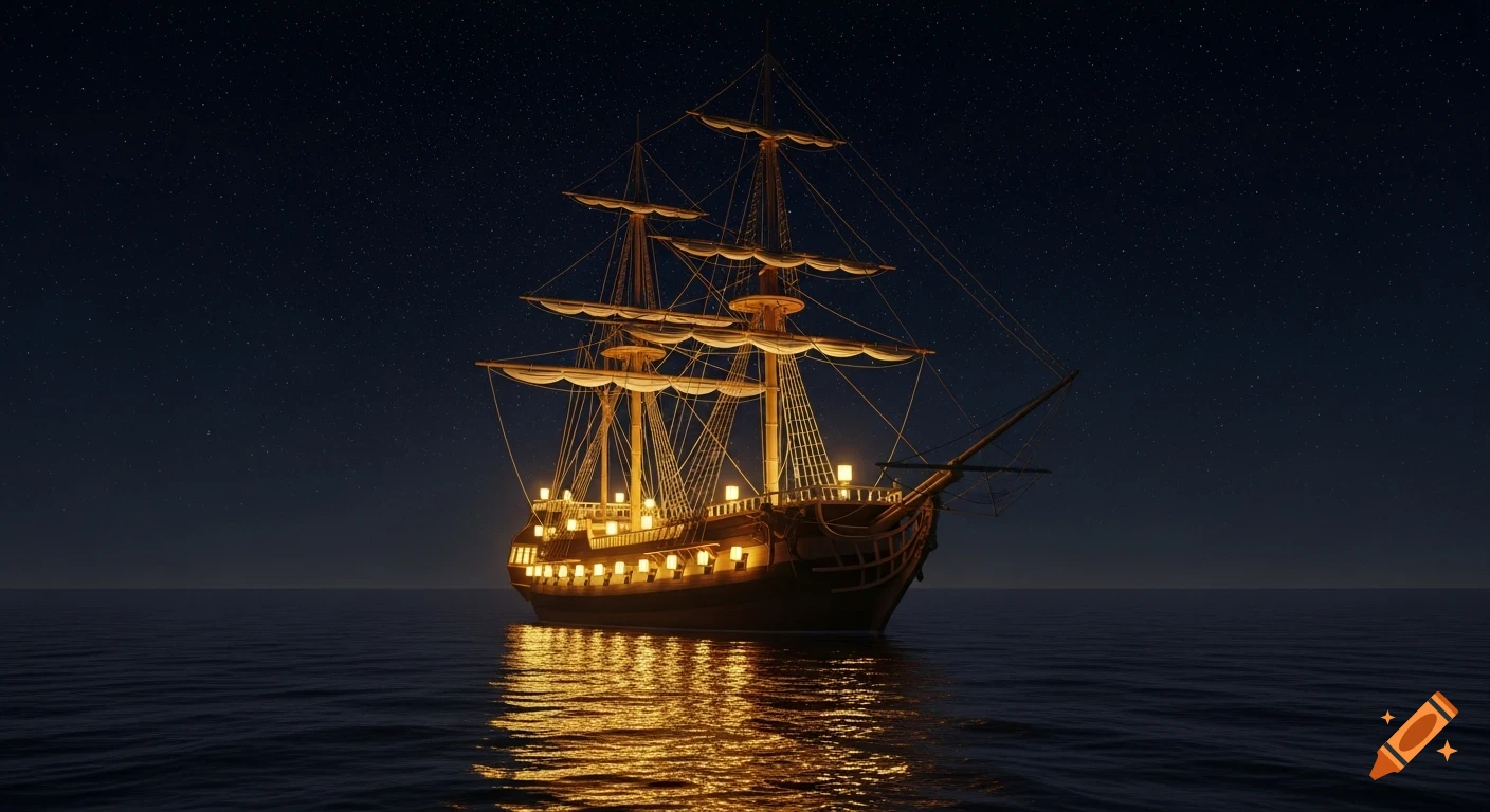 A majestic wooden sailing ship, illuminated by golden lights, floats on a calm sea under a starry night sky.