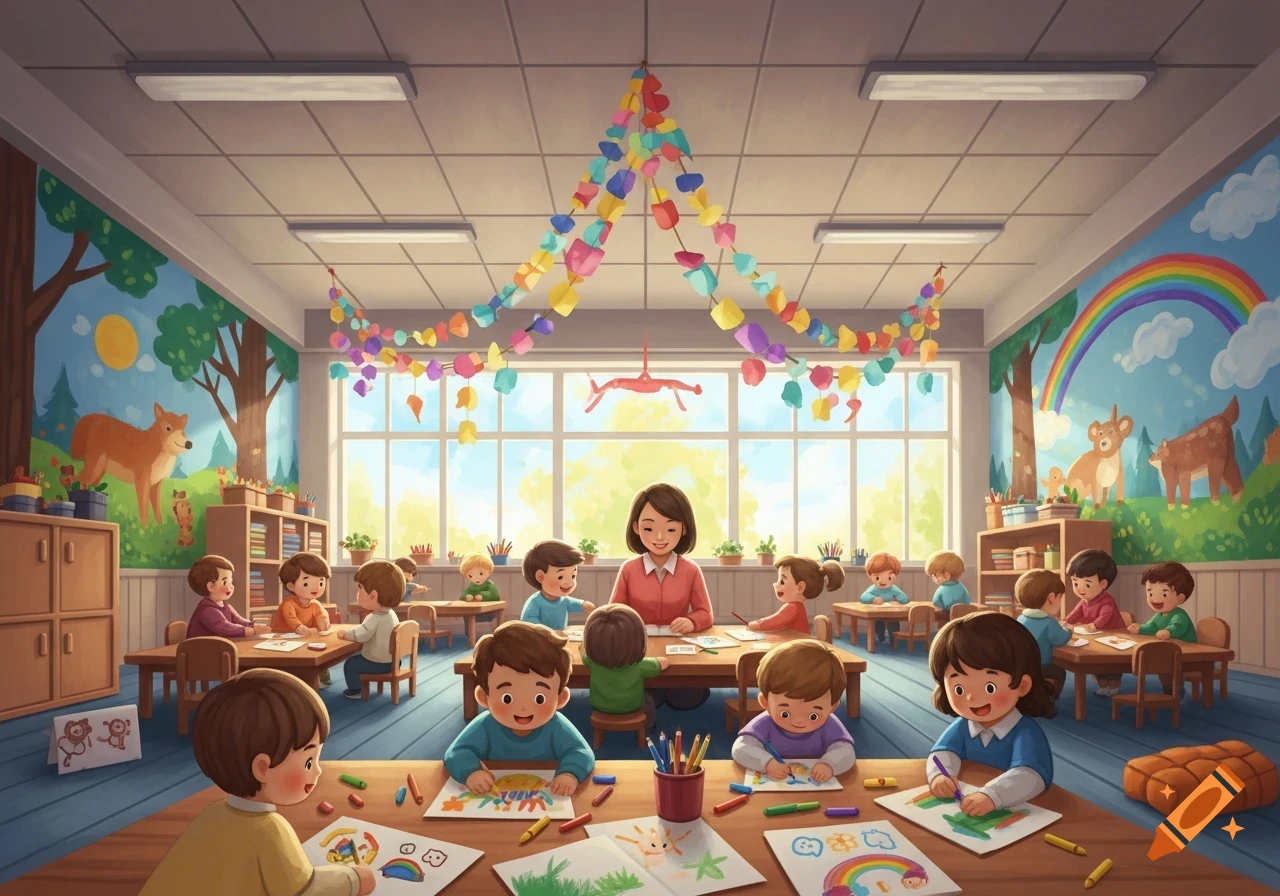 Illustrated scene of a kindergarten classroom with children drawing at tables and a teacher observing.