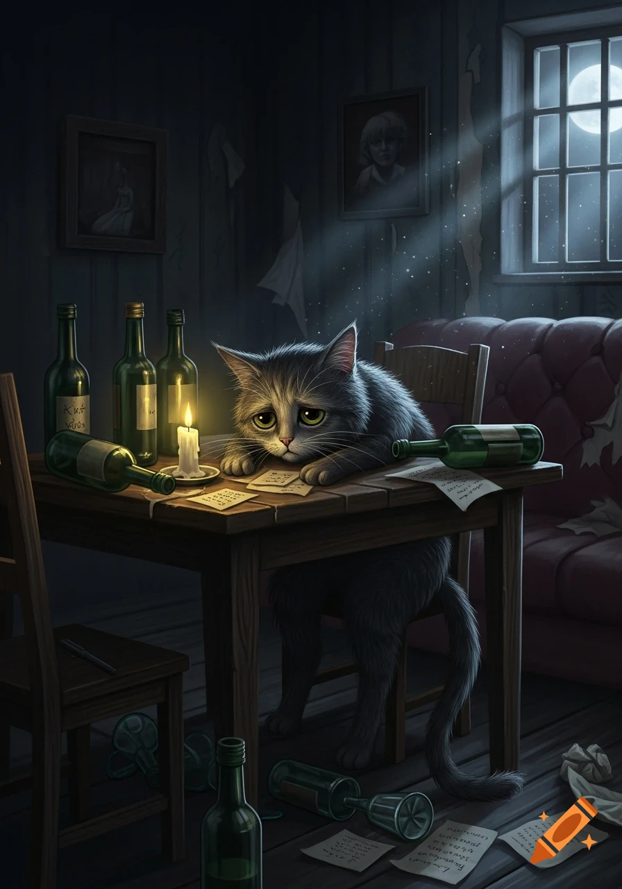 A sad, grey, anthropomorphic cat sits at a wooden table surrounded by empty green bottles and scattered papers, illuminated by a candle in a dimly lit room with a moonlit window.