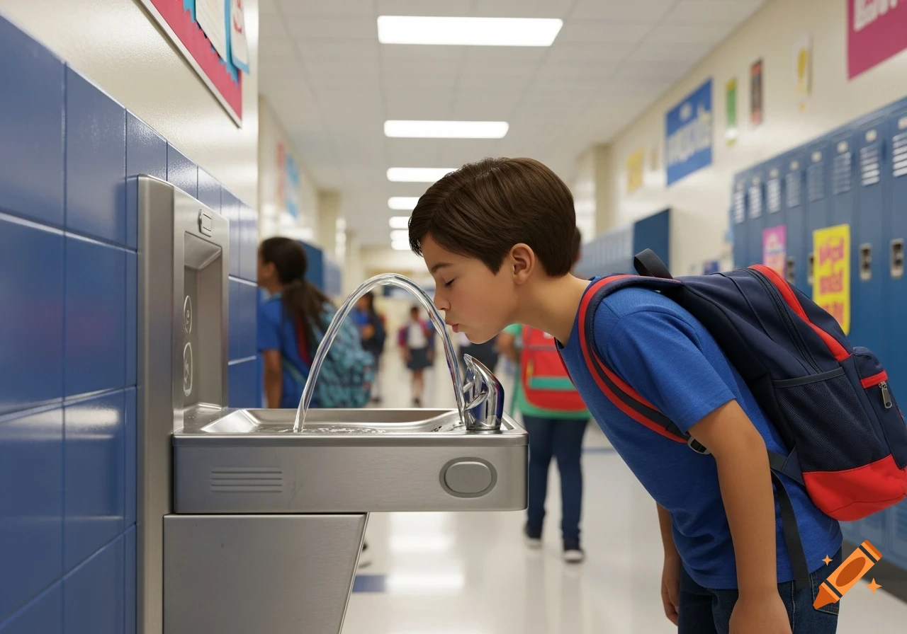 A young boy in a blue shirt and backpack drinks from a water fountain in a brightly lit school hallway.