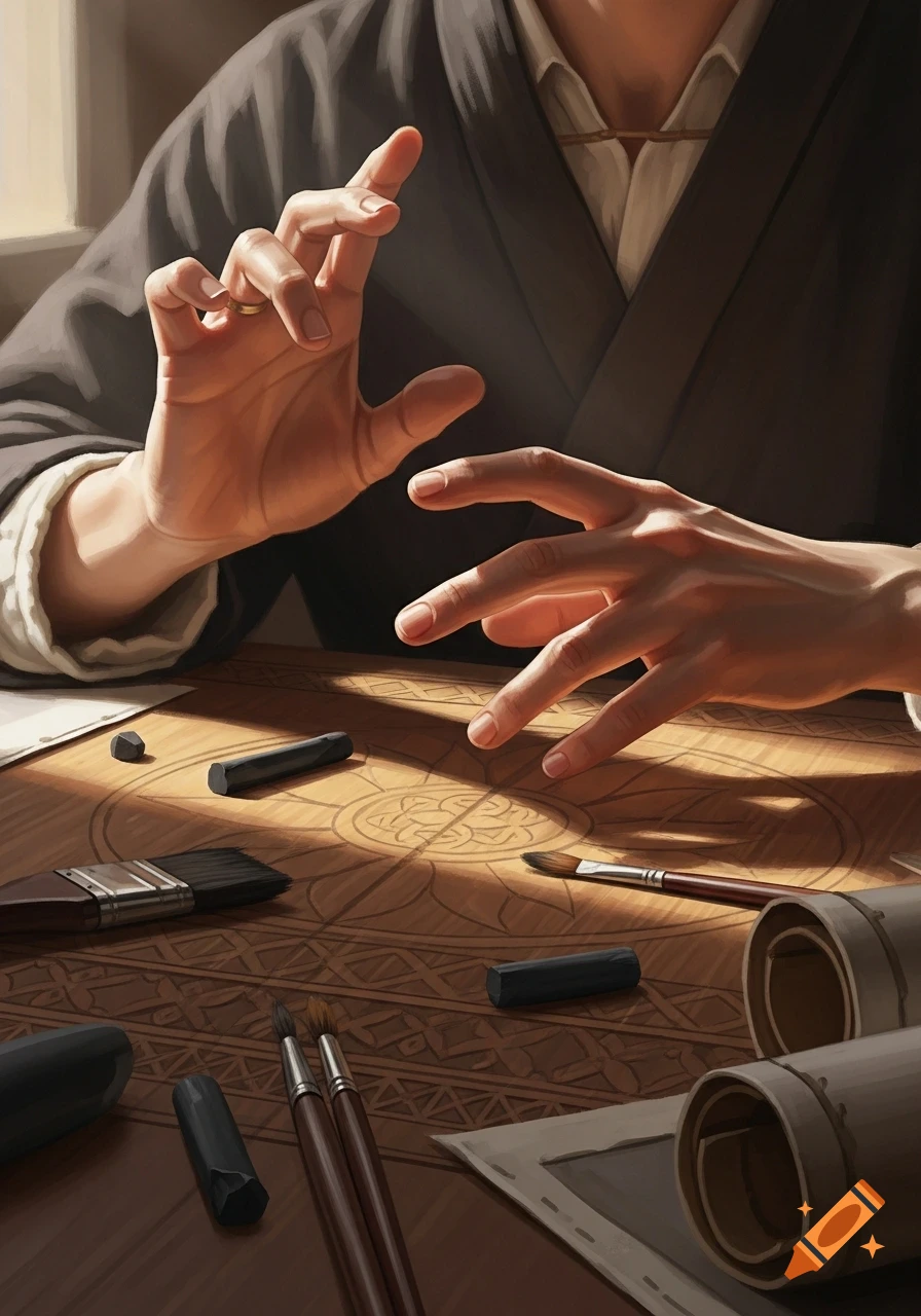 Close-up of a person's hands gesturing over a wooden table covered with art supplies and intricate carvings, rendered in a painterly style.