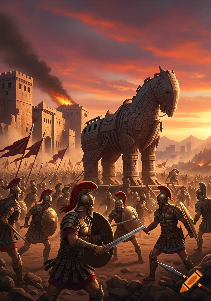 A large wooden Trojan horse stands outside a burning ancient city at sunset, with soldiers in battle armor fighting in the foreground.