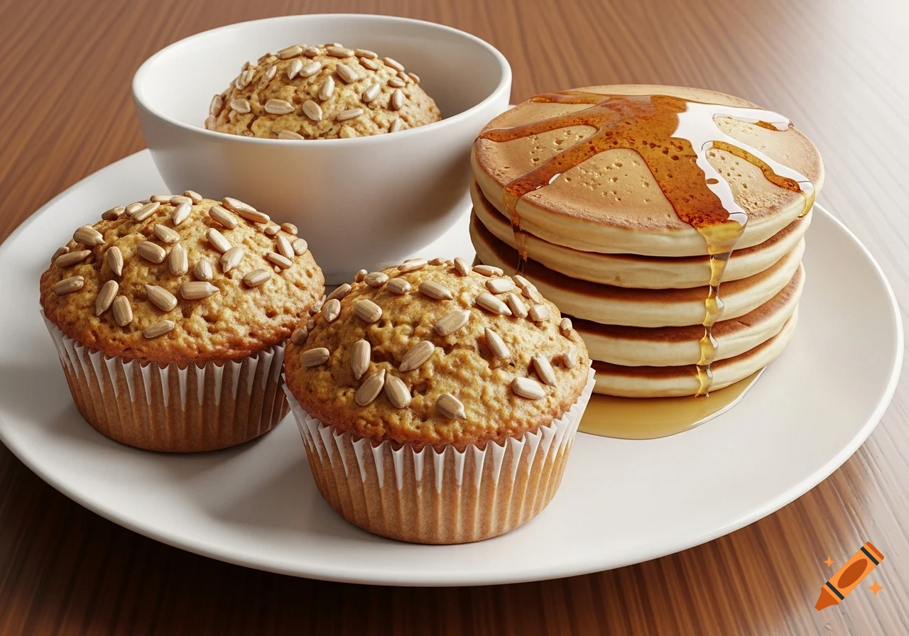 A white plate holds two sunflower seed muffins, a stack of syrup-drenched pancakes, and a white bowl with another muffin, all on a wooden table.