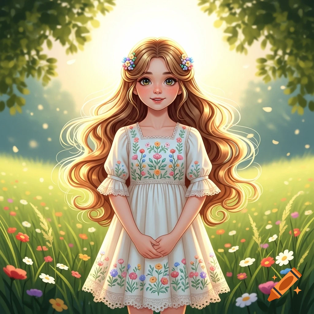 A cute cartoon girl with long wavy hair, in a white floral dress, smiles in a sunny field of colorful wildflowers.