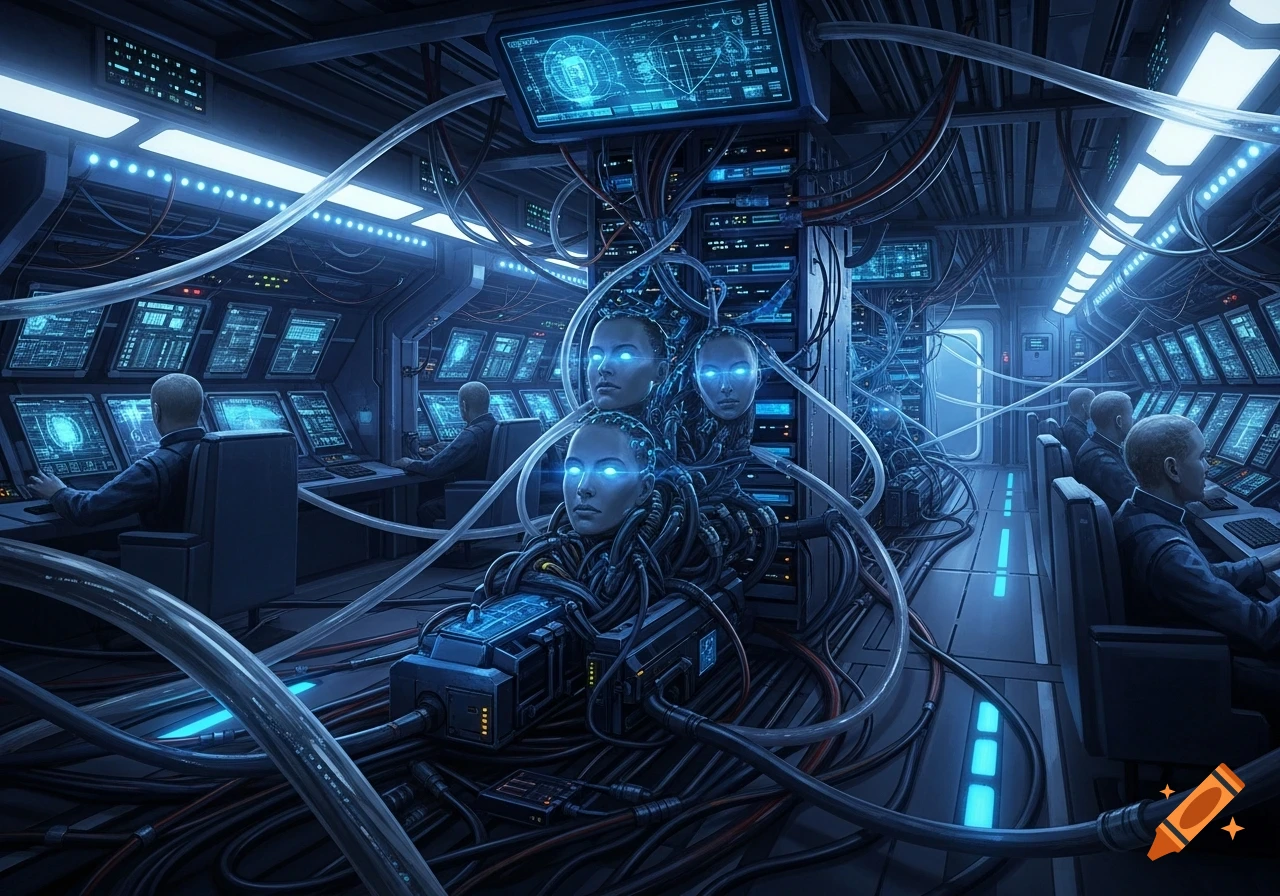 A futuristic, dimly lit control room filled with wires and servers, featuring human heads integrated into machinery, while figures work at computer stations.