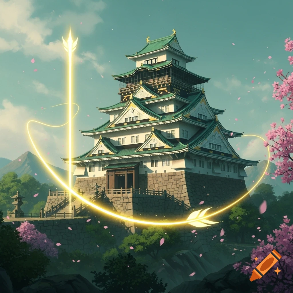 A grand Japanese castle with green roofs, surrounded by pink cherry blossoms and trees, is encircled by a glowing golden arrow of light.