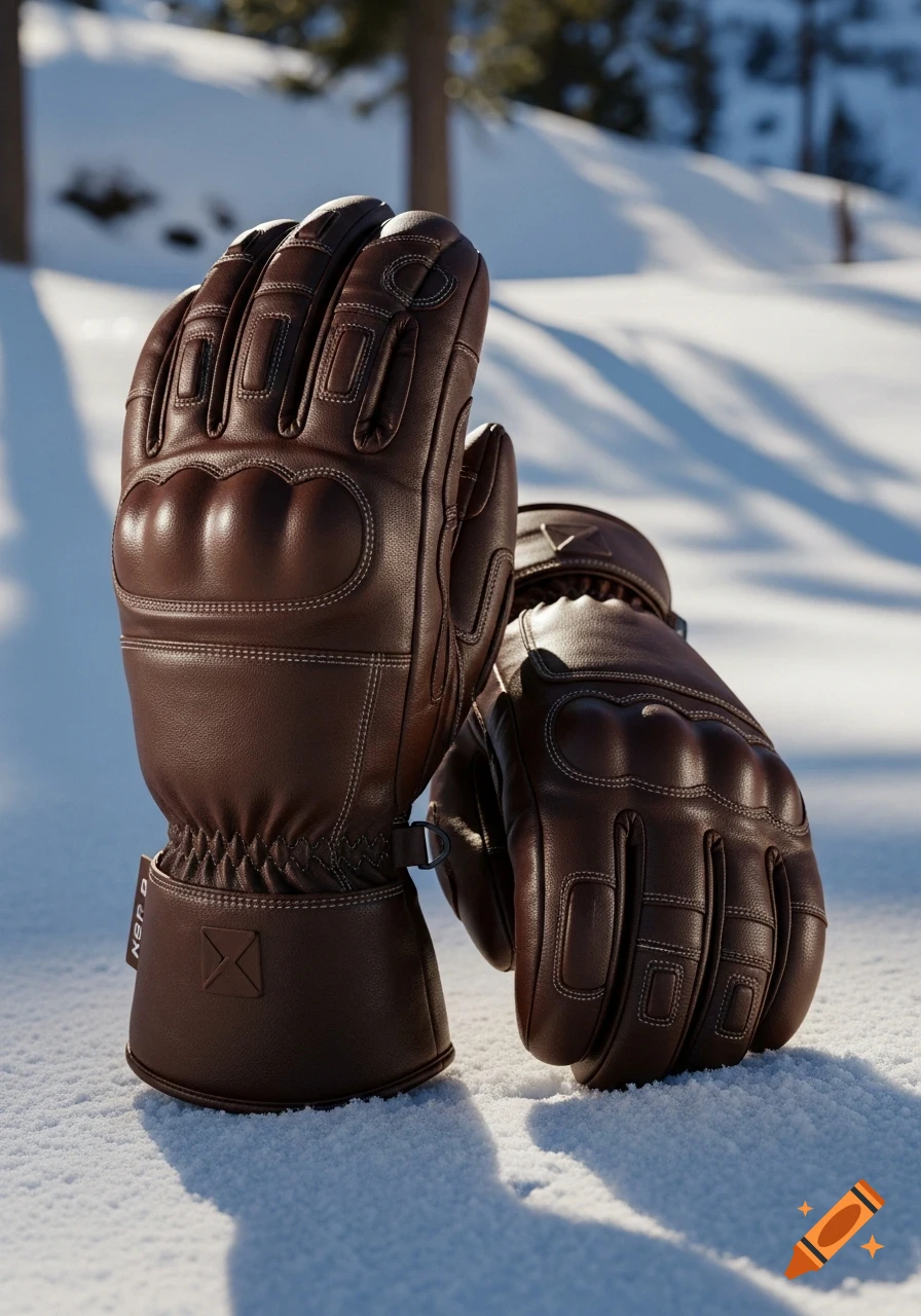 A pair of brown leather ski gloves with visible stitching rests in fresh snow, set against a blurred snowy landscape.