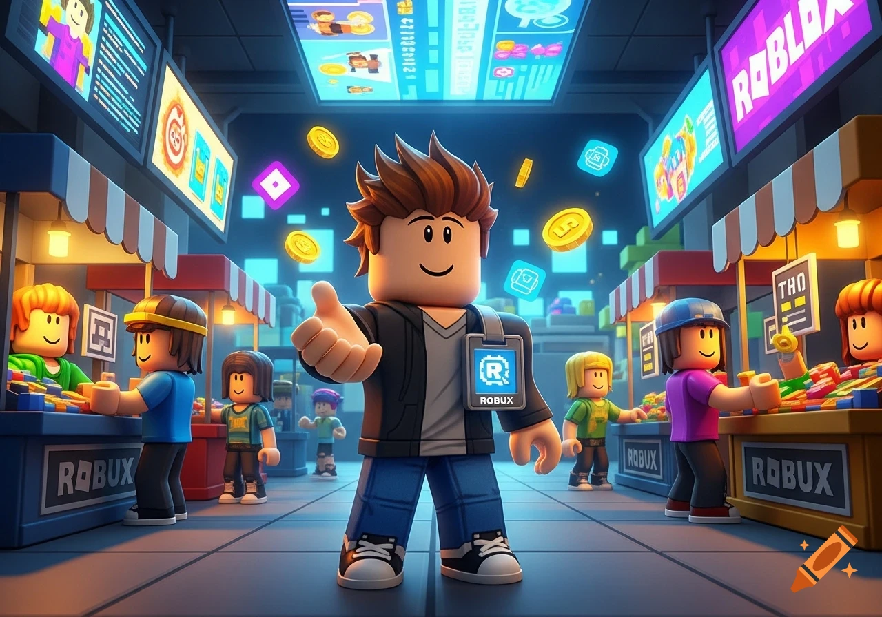 A 3D animated Roblox character with brown hair stands in a vibrant marketplace, surrounded by other blocky figures, floating coins, and glowing digital screens.