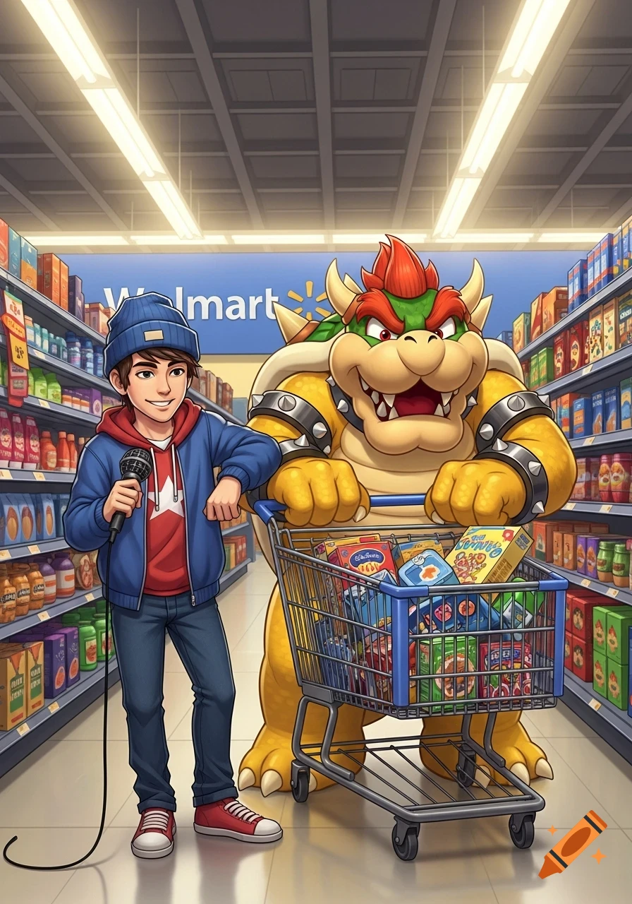 Boyfriend FNF holds a microphone next to Bowser pushing a shopping cart full of groceries in a Walmart aisle, cartoon style.