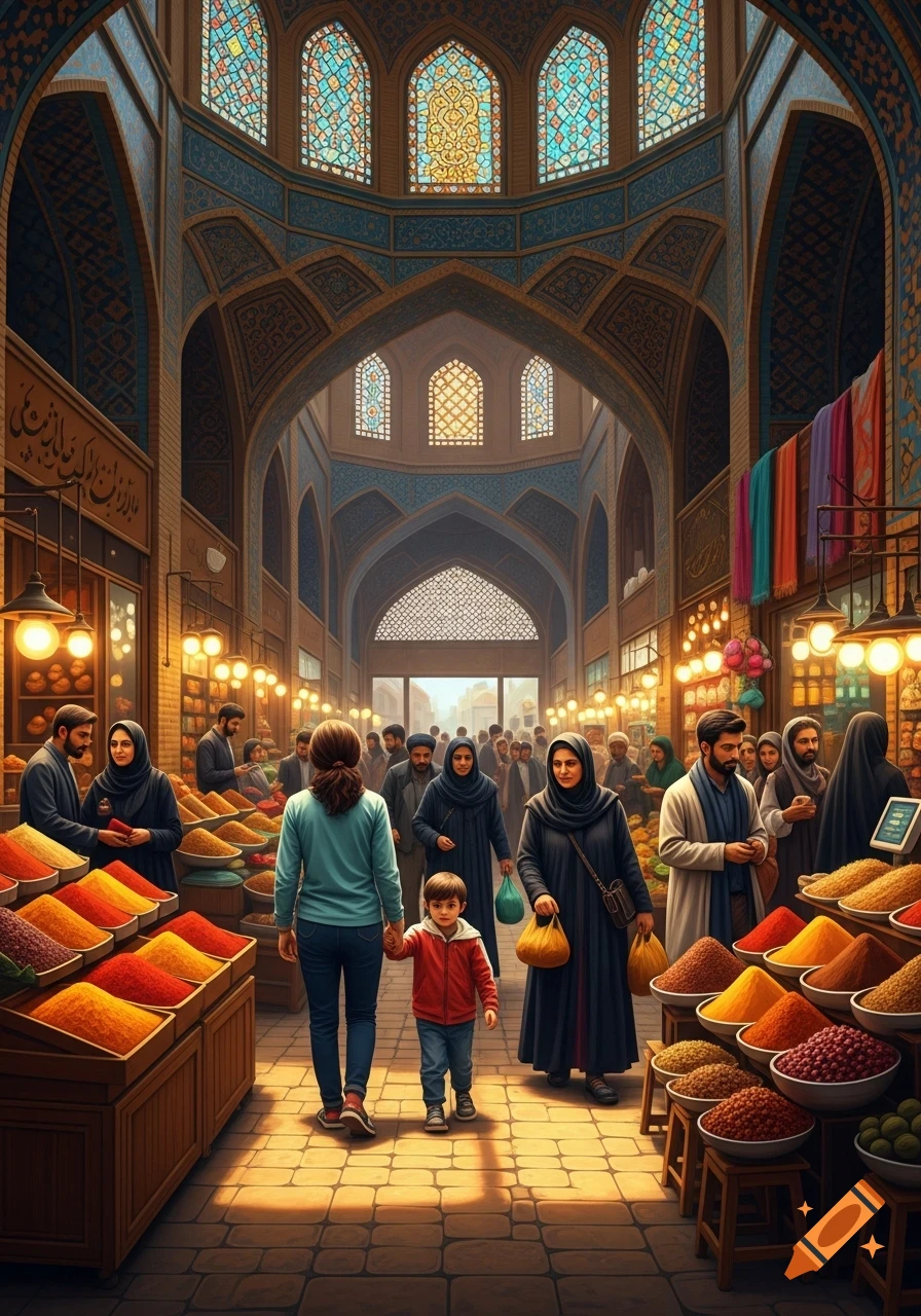 A vibrant, photorealistic indoor bazaar scene with people shopping amidst piles of colorful spices, under arched ceilings with stained glass windows.