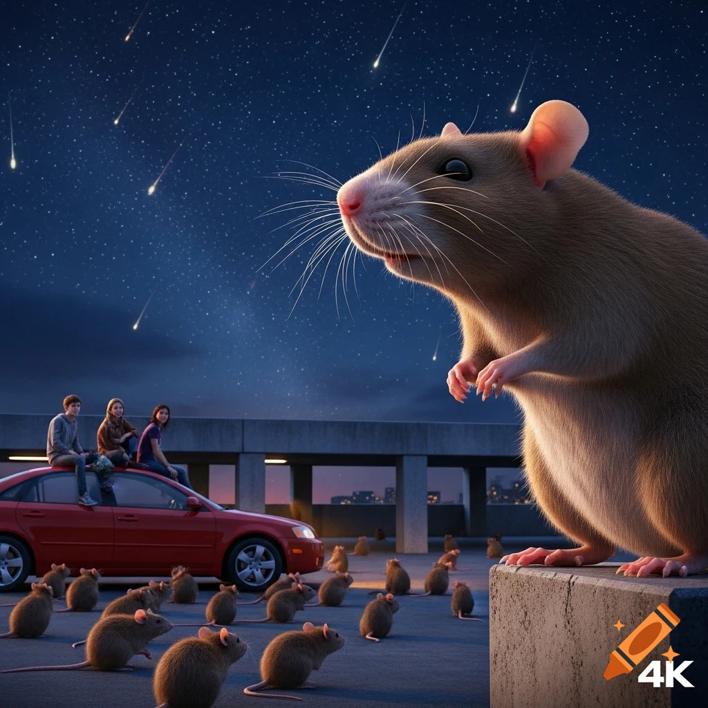 A giant rat looks up at a starry sky with falling meteors from a parking garage. Teenagers sit on a red car in the background, surrounded by many smaller rats.