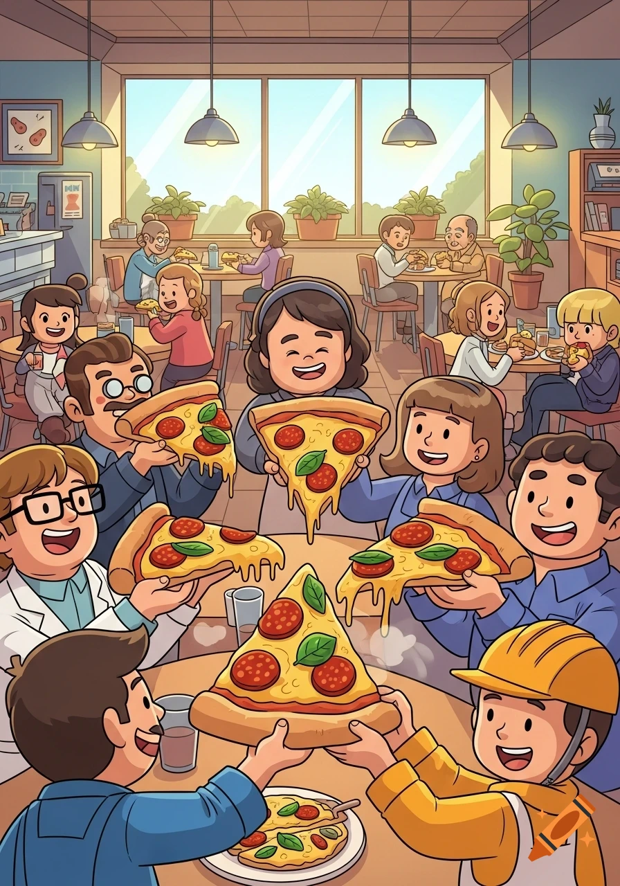 Cartoon illustration of a diverse group of people happily sharing and eating pizza slices in a vibrant cafeteria.