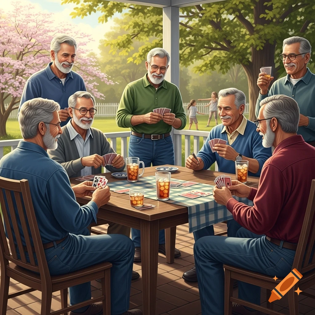 Several older men with gray hair and beards play cards and drink iced tea on a patio outdoors under a canopy, with a lush garden and fence in the background.