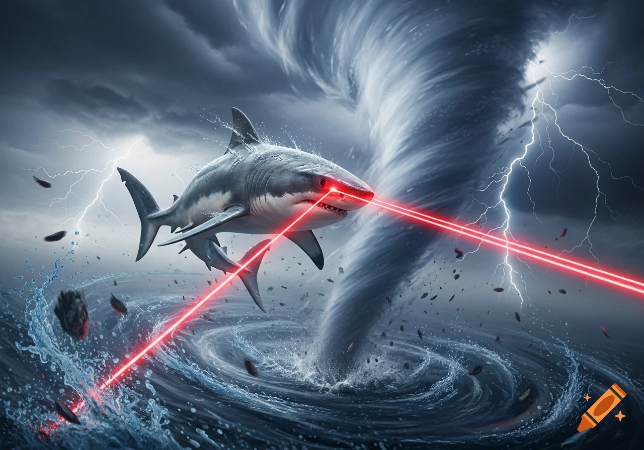A great white shark with glowing red laser eyes emerges from a powerful ocean tornado with lightning in a stormy sky.