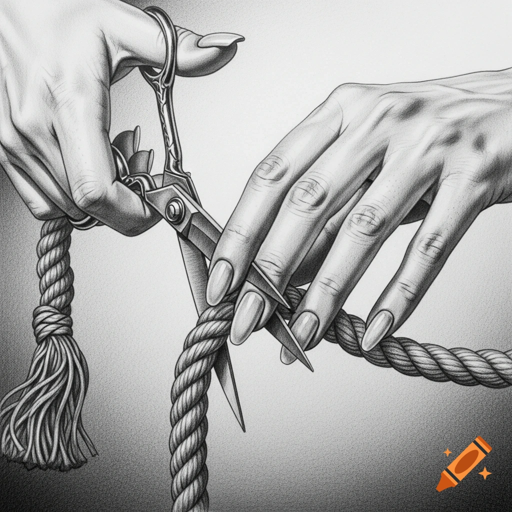 A detailed black and white pencil drawing of a hand holding scissors, cutting a thick rope held by another hand.