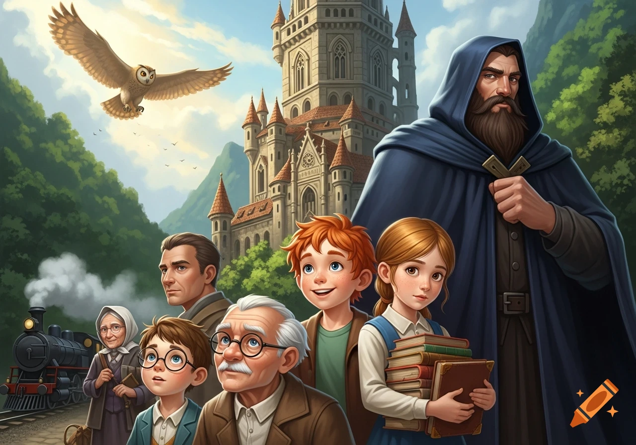 An illustration featuring a diverse group of characters and an owl in flight, with a castle and a train in a lush, mountainous landscape.