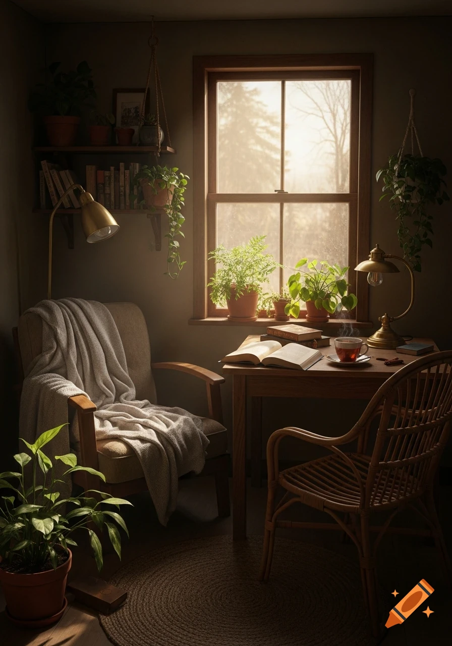 A cozy, sunlit reading nook with an armchair, books, and numerous potted plants, next to a large window.