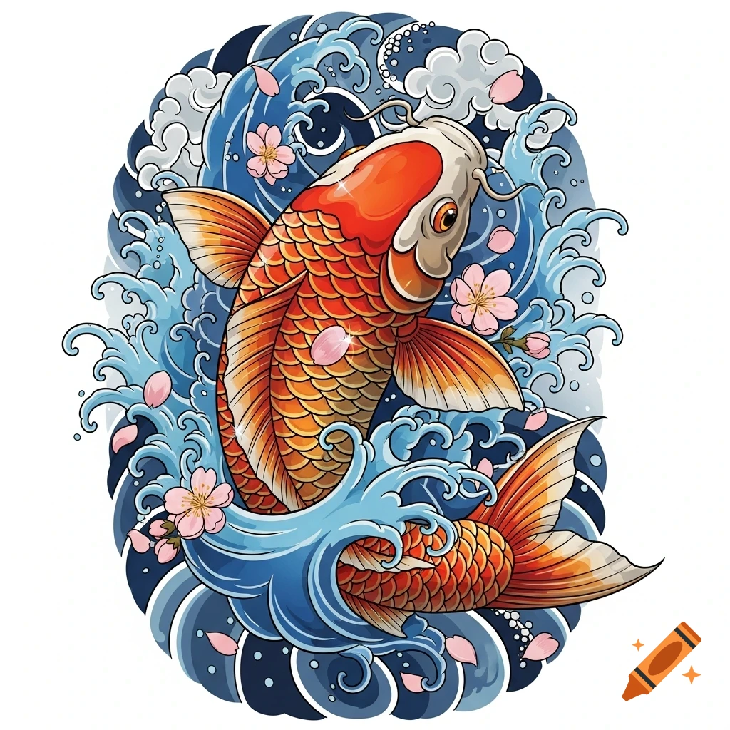 A vibrant orange and white koi fish swimming in stylized blue waves with pink cherry blossoms in a traditional Japanese art style.