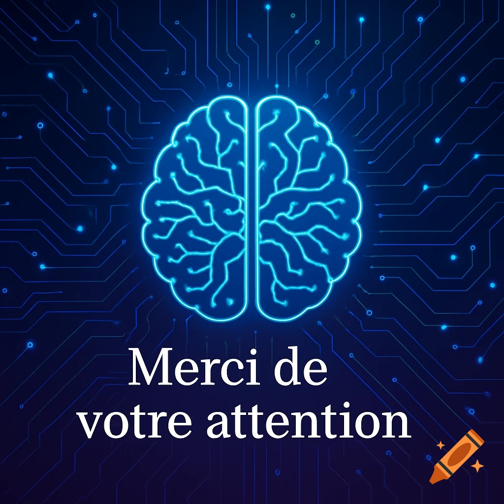 A neon blue brain against a dark circuit board background with the French text 'Merci de votre attention'.