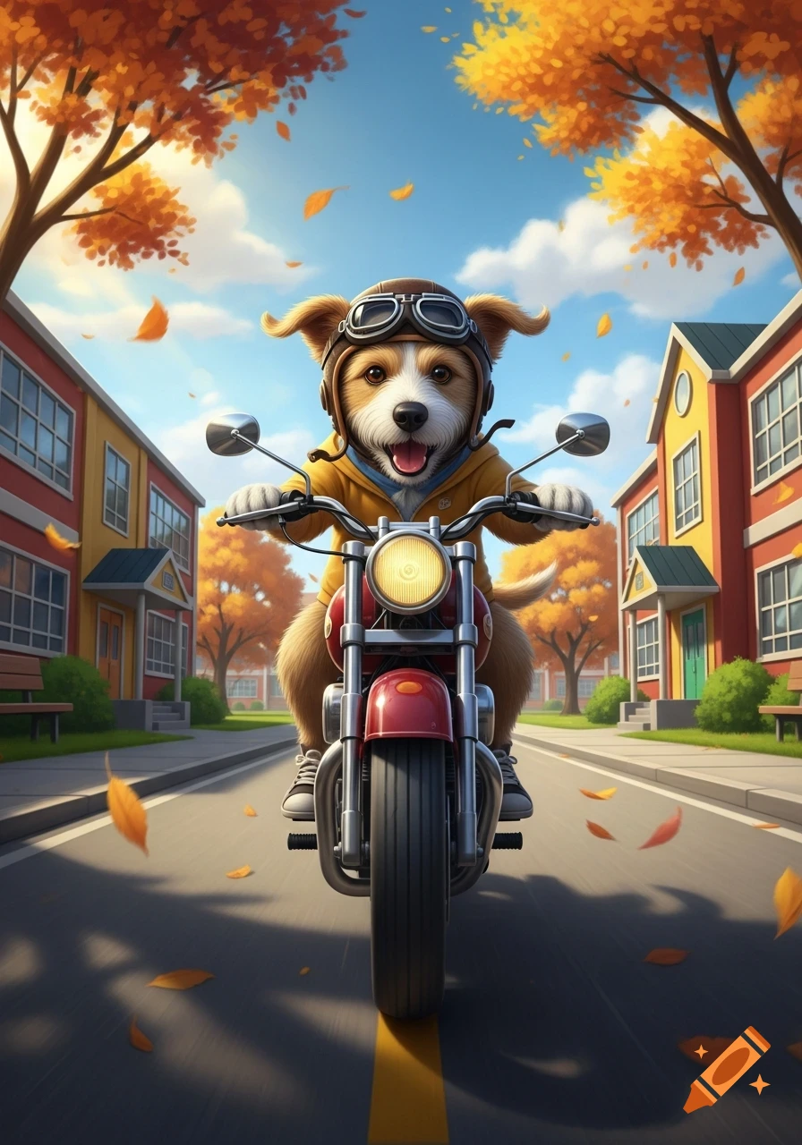 A happy cartoon dog wearing a pilot helmet and goggles rides a red motorcycle down an autumn street.