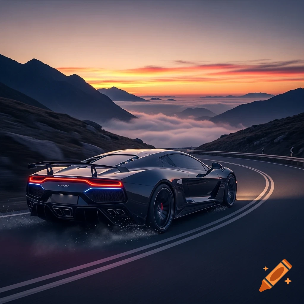 A black sports car with glowing red and blue taillights drives on a winding mountain road at sunset, with clouds filling the valleys below.