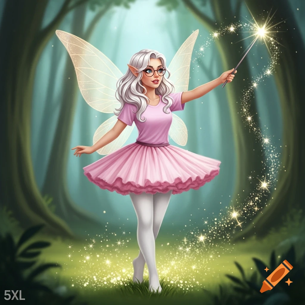 A white-haired cartoon fairy with glasses, a pink shirt, a pink skirt, and white leggings stands in a forest, holding a magic wand that emits sparkles.