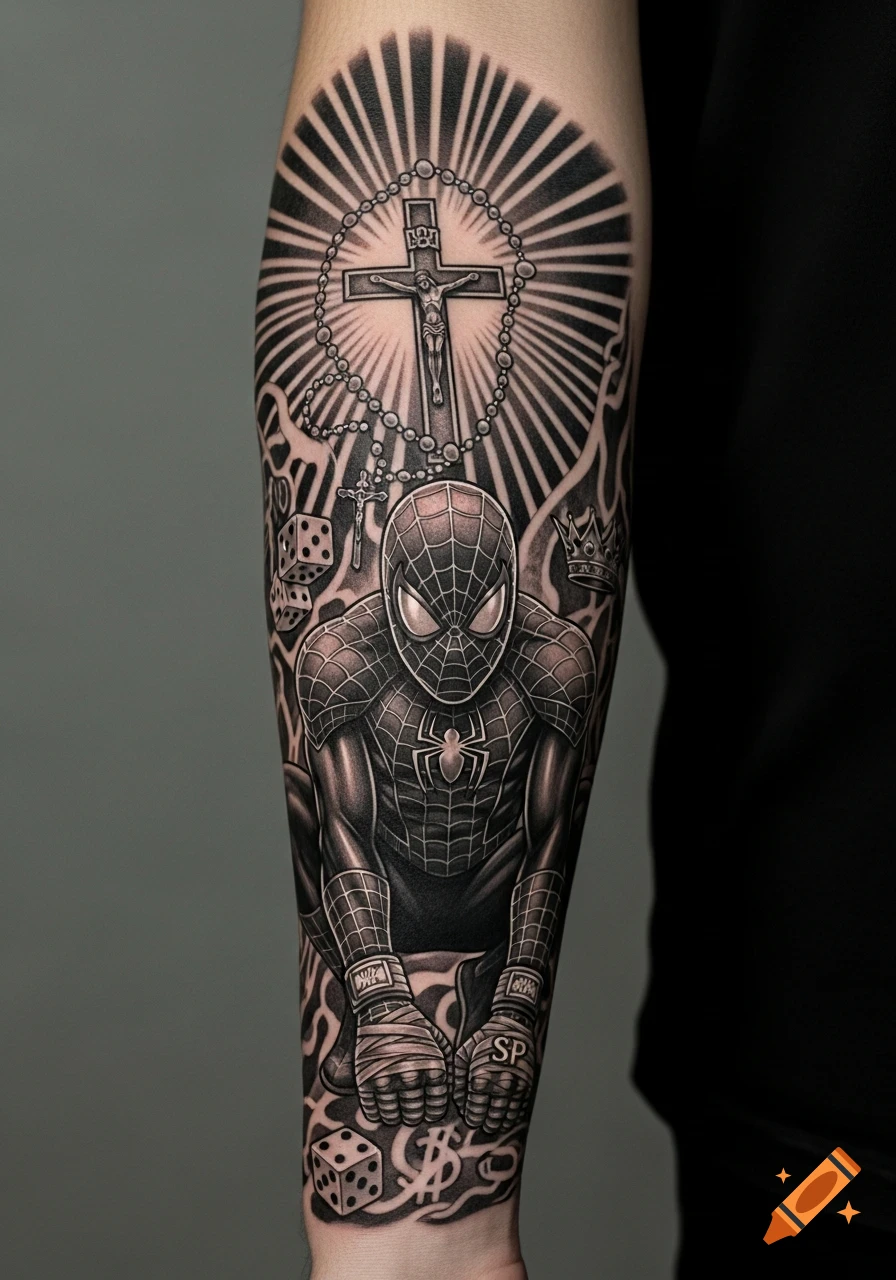 A black and grey forearm tattoo featuring a Spider-Man-like character, a Catholic cross, rosary beads, dice, and a crown.