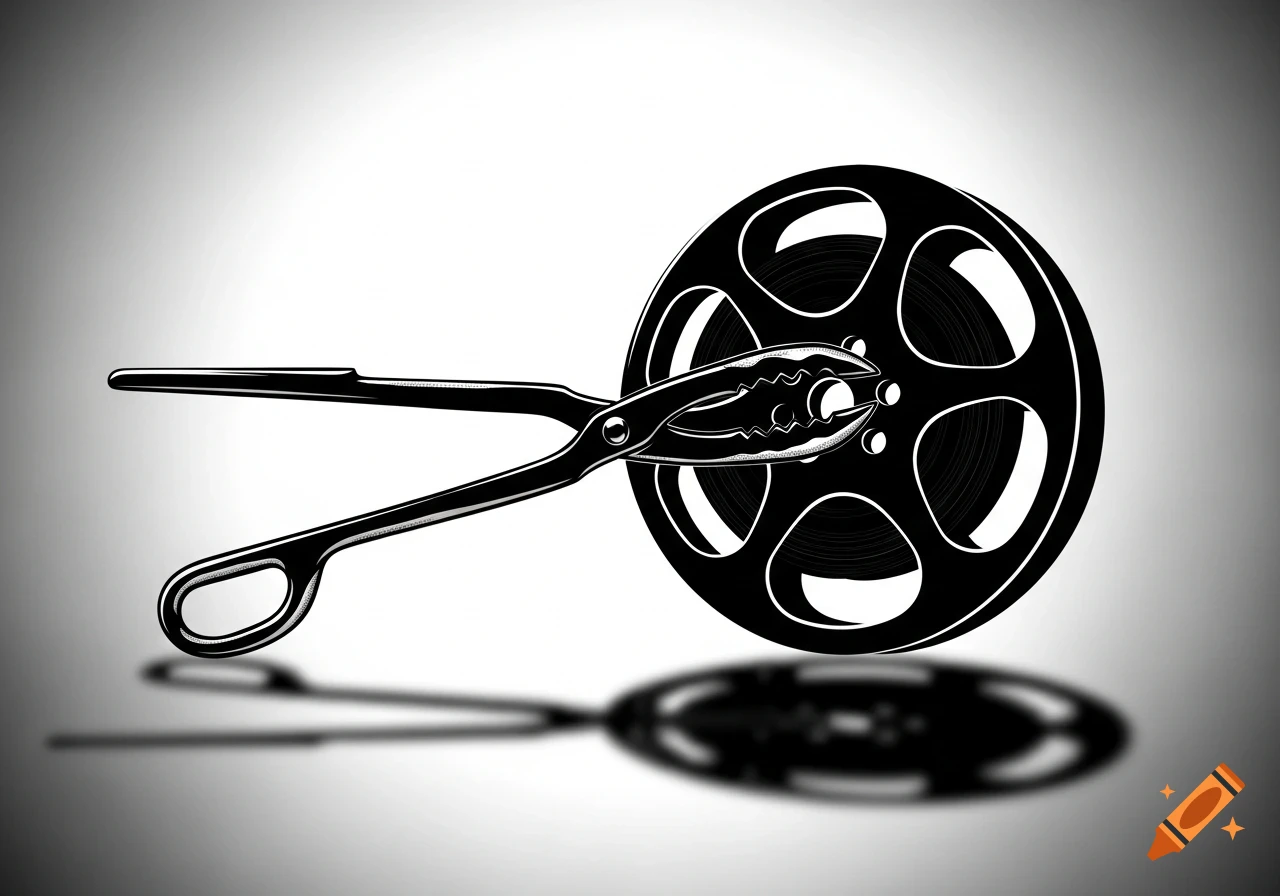 A black and white silhouette of smithing tongs gripping a film reel.