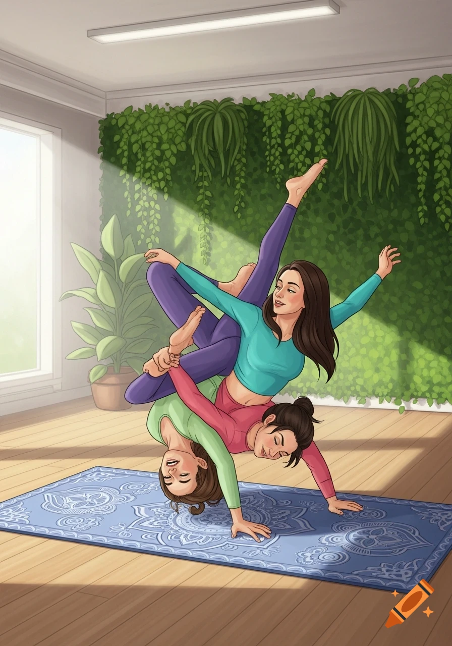 Illustration of two women in leotards performing an acrobatic yoga pose in a bright room with a green plant wall.