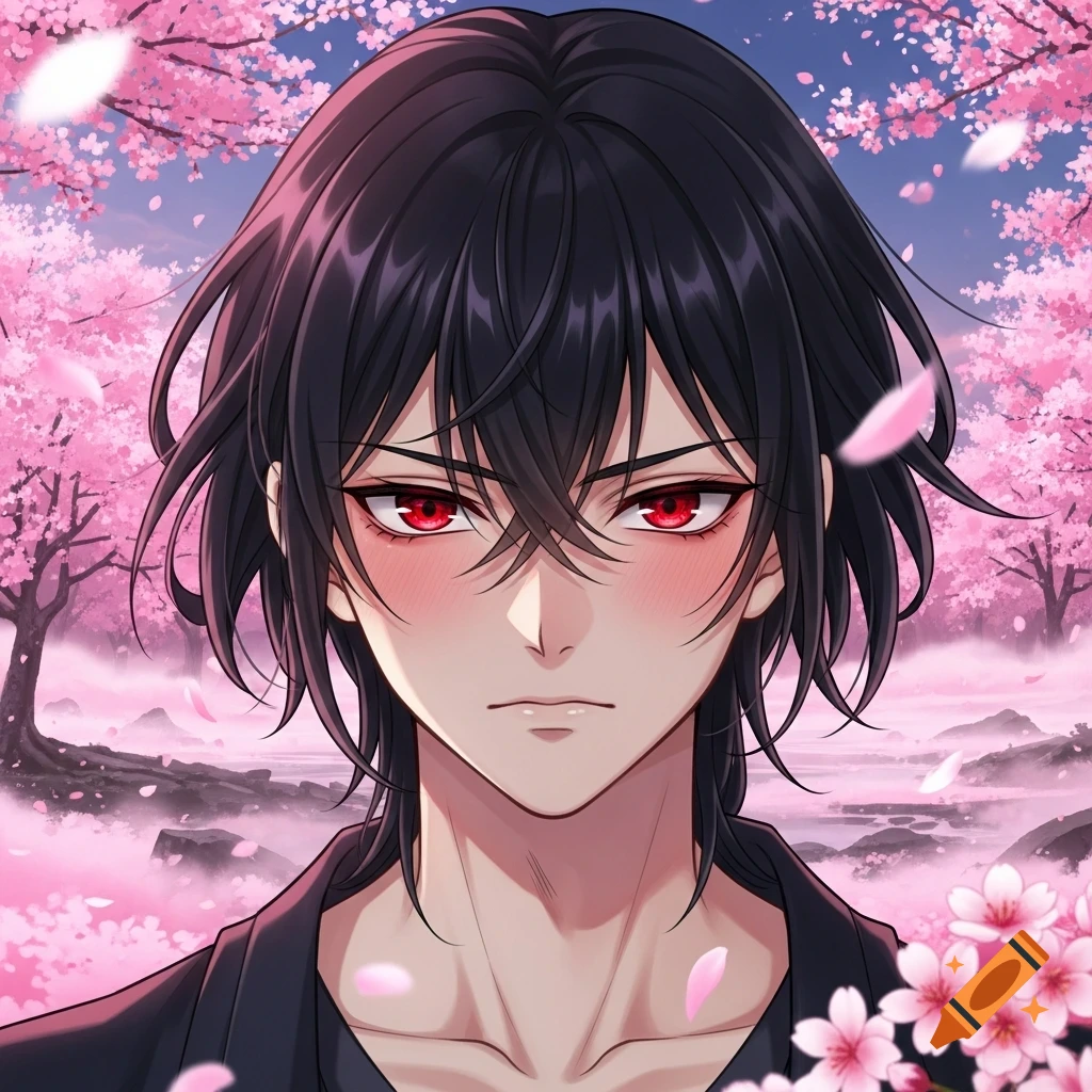 Anime male character with black hair and red eyes, blushing, surrounded by pink cherry blossom trees.